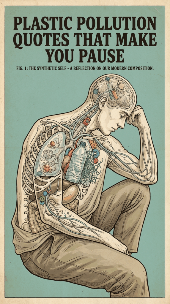 Illustrated anatomical artwork of a seated human figure in a reflective pose, rendered in a vintage scientific illustration style. The partially transparent body reveals plastic pollution integrated into internal systems, including a plastic bottle and fragments within the chest and organs, symbolizing the impact of plastic pollution on human health and the environment.