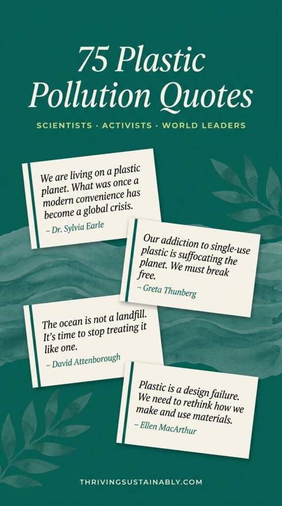 75 plastic pollution quotes from scientists, activists, and world leaders on a teal green background with cream quote cards, created by Thriving Sustainably.