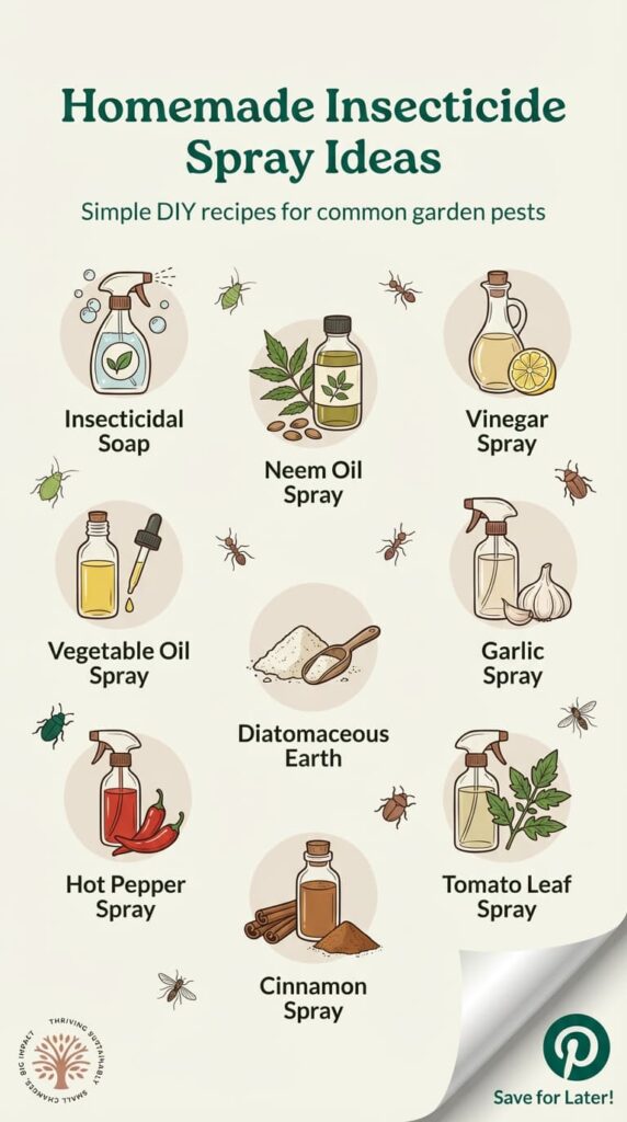 Illustrated chart titled “Homemade Insecticide Spray Ideas” showing nine DIY insecticide options for garden pests: insecticidal soap, neem oil spray, vinegar spray, vegetable oil spray, garlic spray, diatomaceous earth, hot pepper spray, tomato leaf spray, and cinnamon spray, with small bug icons and a Save for Later corner.