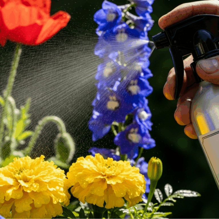 Homemade insecticide being sprayed onto plants.