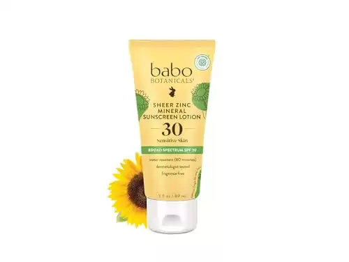 Babo Botanicals Zinc Sunscreen Lotion SPF 30 with 100% Mineral Actives, Non-Greasy, Water-Resistant, Fragrance-Free, Vegan, For Babies, Kids or Sensitive Skin, Clear, 3 Fl Oz