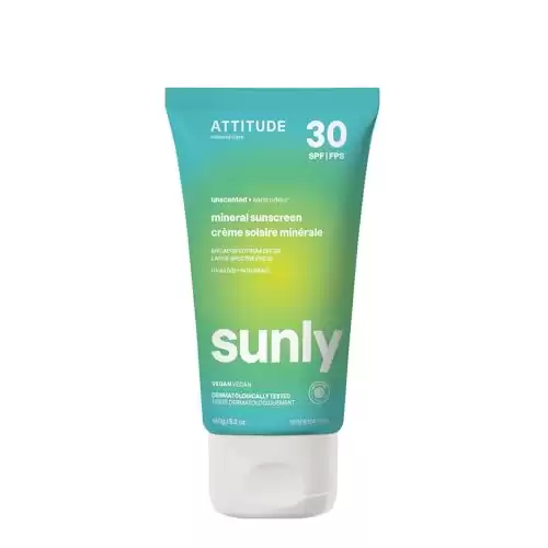 ATTITUDE Mineral Sunscreen with Zinc Oxide, SPF 30, EWG Verified, Broad Spectrum UVA/UVB Protection, Dermatologically Tested, Vegan, Unscented, 5.2 Ounces