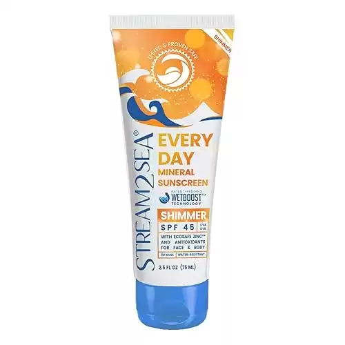 SPF 45 Every Day Shimmer Mineral Sunscreen | 2.5 Fl Oz Biodegradable, Paraben Free & Reef Safe Sunscreen | Non-Greasy, Lightweight & Shimmer Mineral Protection Against UVA & UVB for Face &...