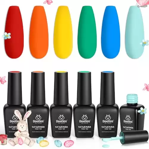 Beetles Gel Nail Polish Set, 6 Retro Colors Old School Collection Soak Off UV Gel Polish Red Yellow Blue Orange Green Gel Polish Nail Art Design Spring Manicure Kit Salon DIY Gifts for Women Girls