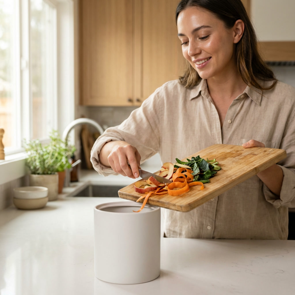 Woman scraping fresh vegetable peels from a bamboo cutting board into a white compost bin on a modern kitchen counter.