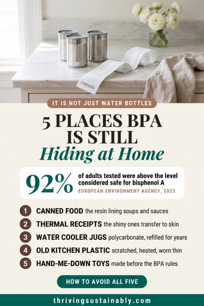 Graphic listing five common sources of BPA including canned food linings, thermal paper receipts, water cooler jugs, old kitchen plastic and hand-me-down toys, with the statistic that 92 percent of adults tested were above the level considered safe for bisphenol A.
