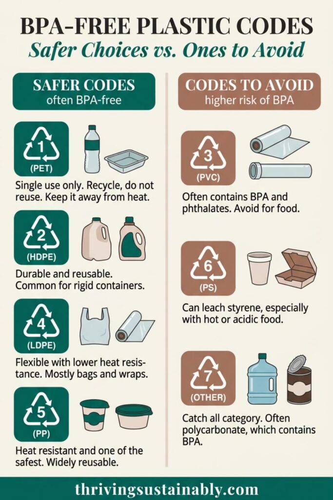BPA-free plastic codes cheat sheet showing recycling numbers 1, 2, 4, and 5 as safer choices and codes 3, 6, and 7 to avoid