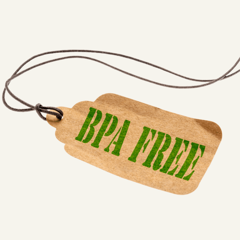 A brown tag that reads BPA Free in green letters.