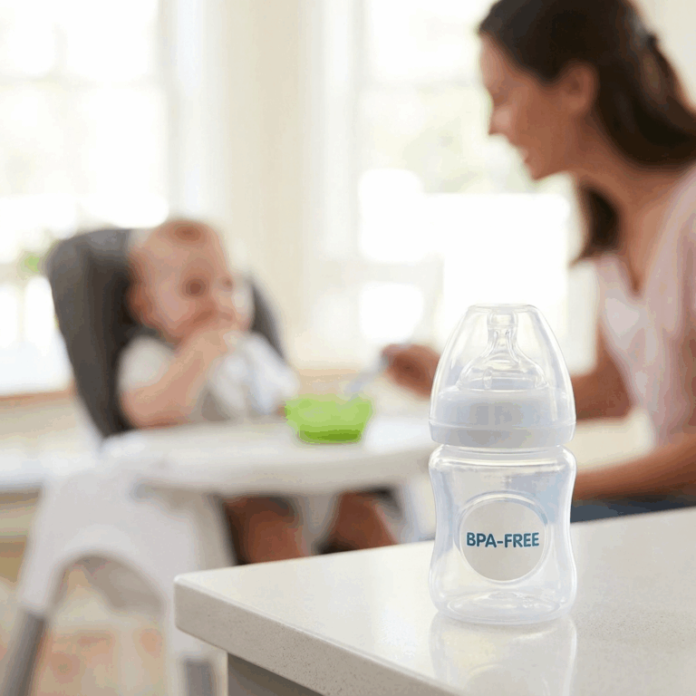 Image of a baby bottle on the counter that says BPA Free and a baby and other in the background blurred.