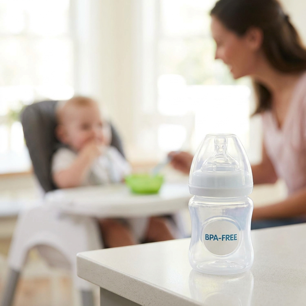 Image of a baby bottle on the counter that says BPA Free and a baby and other in the background blurred.