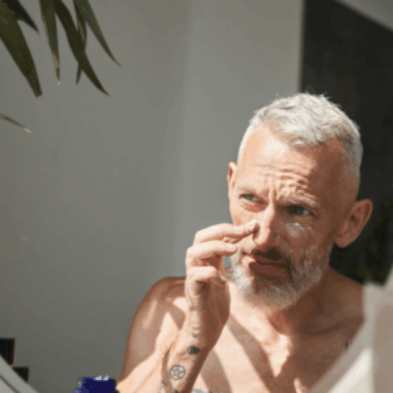Man putting lotion onto his face looking in the mirror.