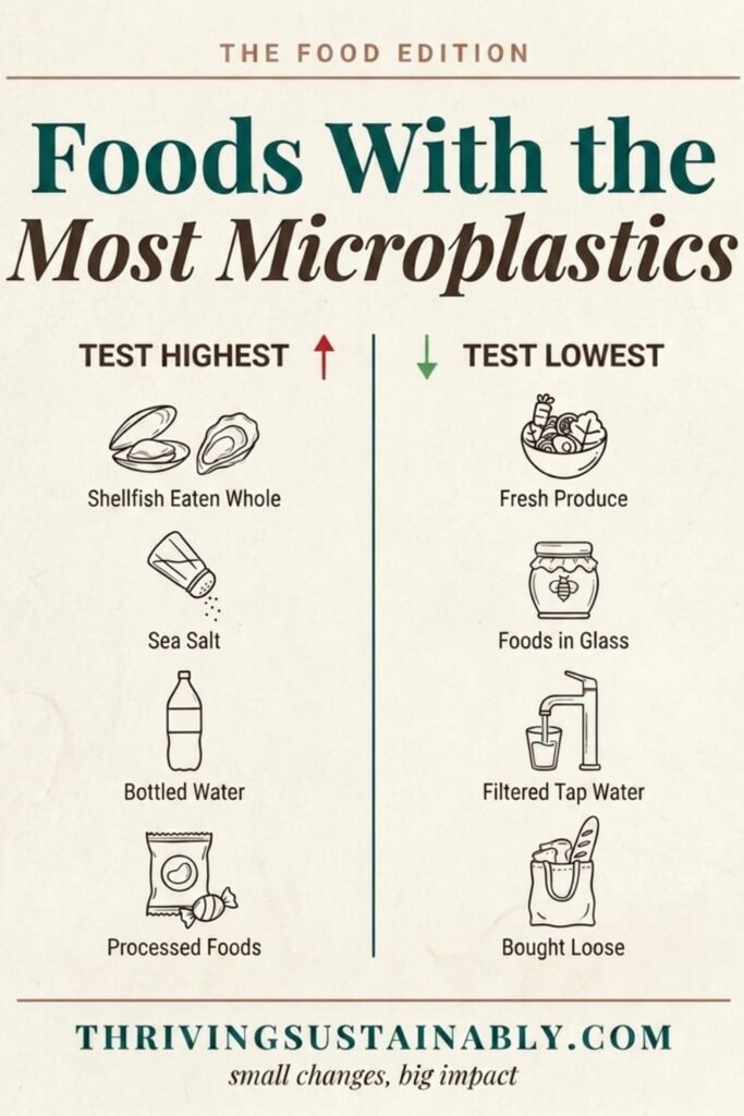 Infographic showing foods with the most microplastics, comparing high-testing items like shellfish, sea salt, bottled water, and processed foods against low-testing options like fresh produce, foods in glass, and filtered tap water