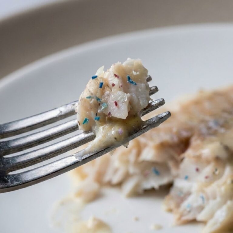 Fork holding a bite of cooked white fish with tiny microplastic fragments visible in the flesh, showing microplastics in food from seafood