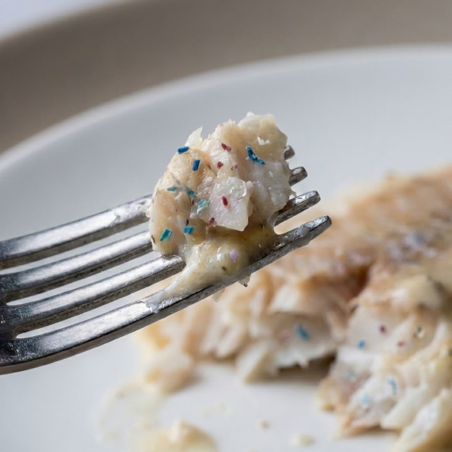 Fork holding a bite of cooked white fish with tiny microplastic fragments visible in the flesh, showing microplastics in food from seafood