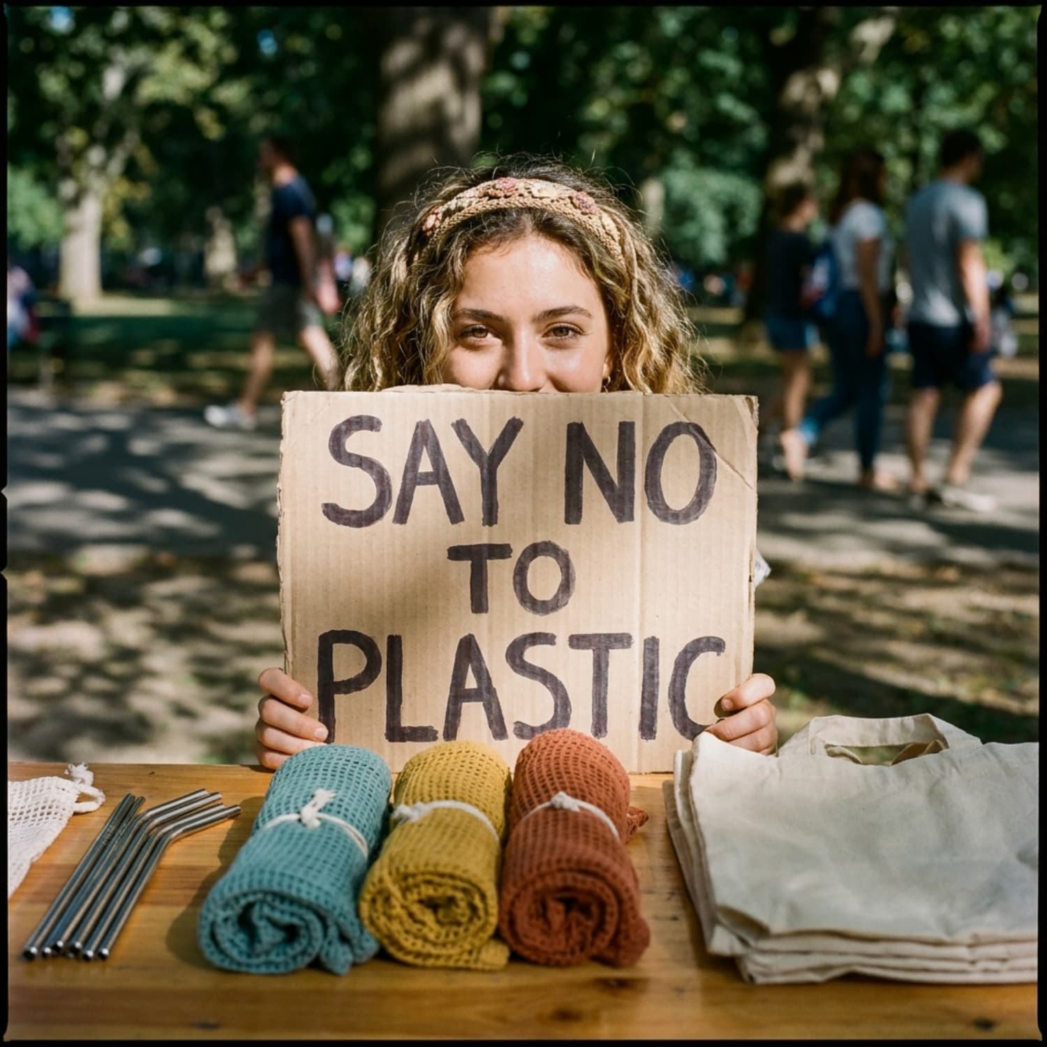 Young woman at an outdoor park event holding a hand-painted "Say No to Plastic" cardboard sign for Plastic Free July, with reusable cloth bags and stainless steel straws on the table
