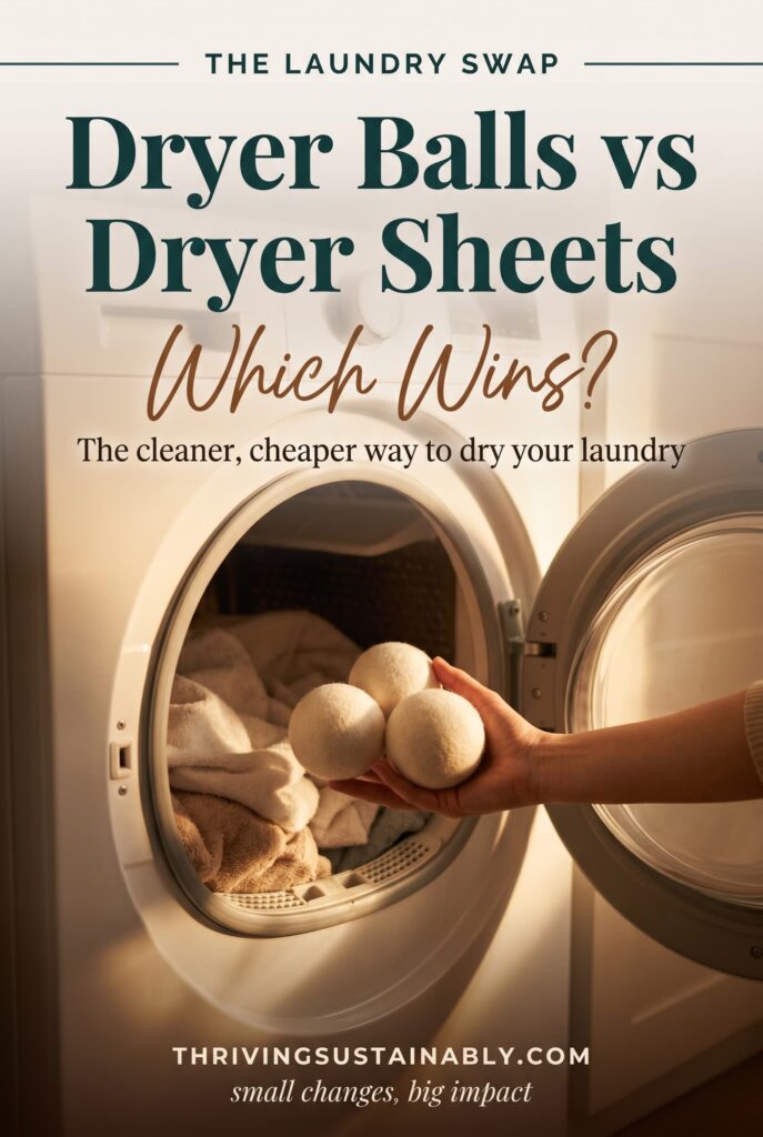 Dryer balls vs dryer sheets Pinterest pin showing a hand holding three wool dryer balls in front of an open dryer full of laundry.