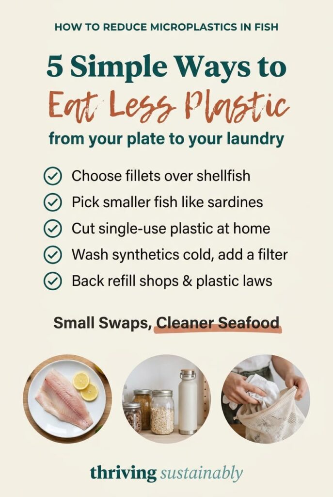 Cream infographic titled "5 Simple Ways to Eat Less Plastic" listing seafood and laundry swaps to reduce microplastics in fish, with photos of a fish fillet, pantry jars, and a reusable laundry bag