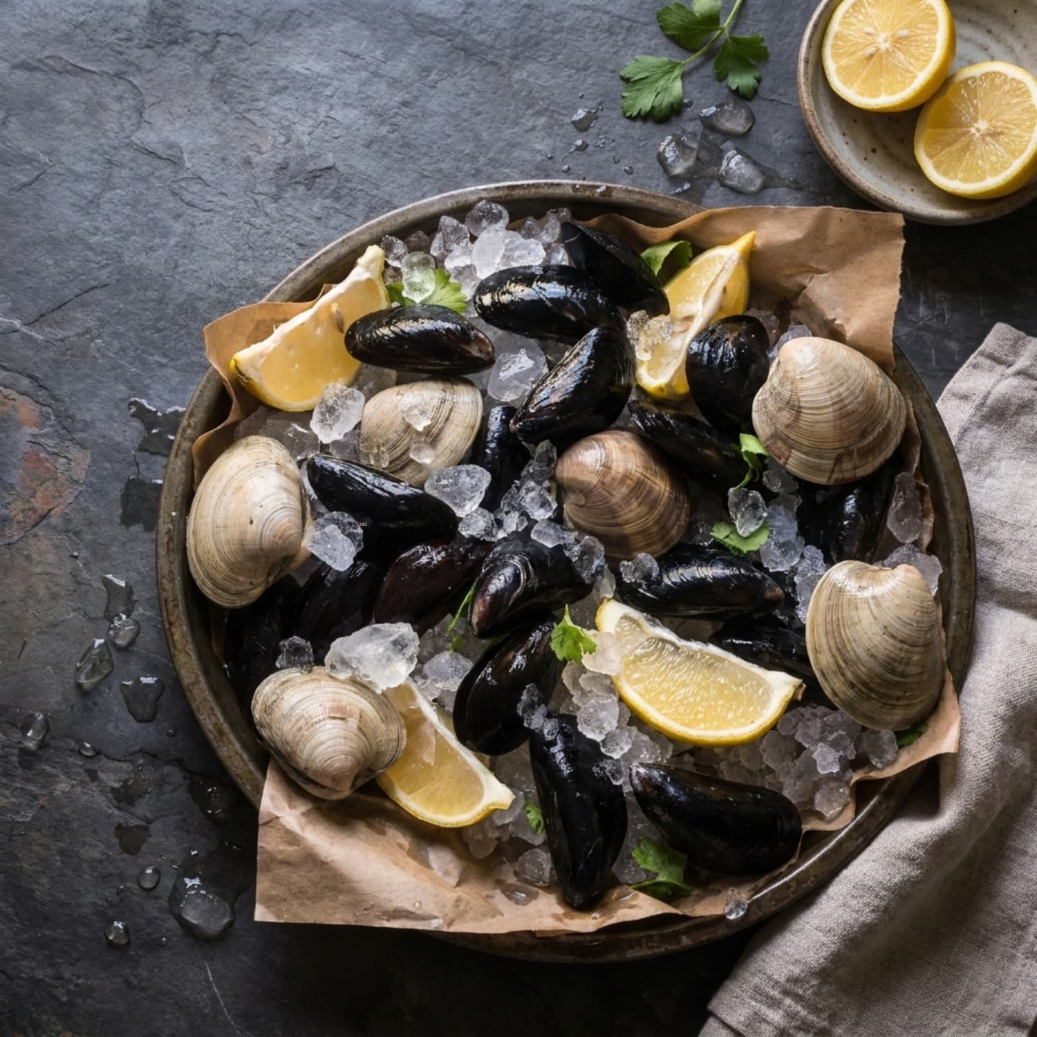 Fresh black mussels and clams on crushed ice with lemon wedges, examples of shellfish that carry the most microplastics in seafood