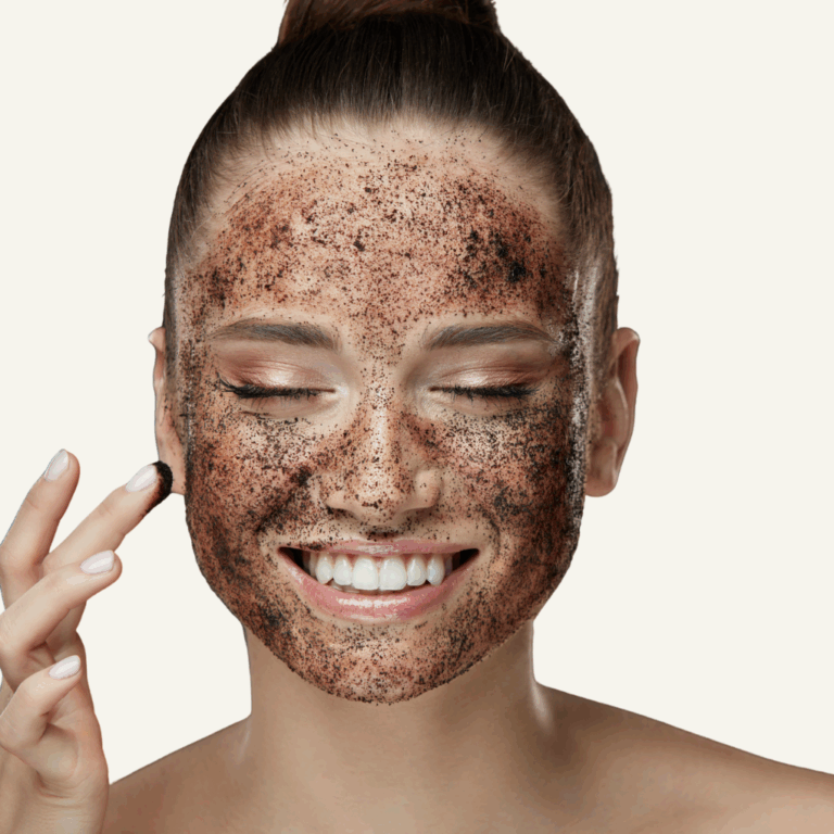 Girl exfoliating her face at home with coffee grounds.