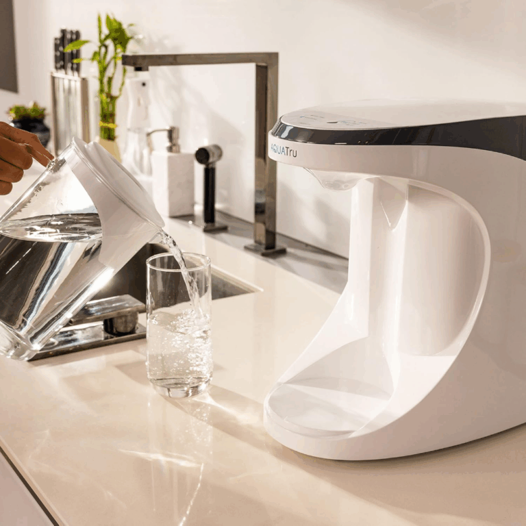 AquaTru Reverse Osmosis Carafe on a kitchen counter.