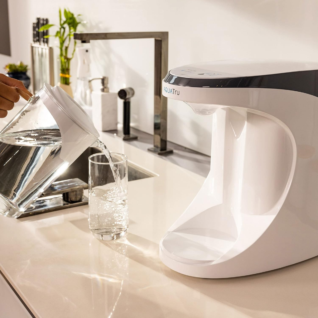 AquaTru Reverse Osmosis Carafe on a kitchen counter.