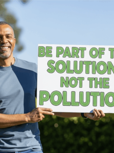 Man holding a sign with a say no to plastic slogan that reads Be Part of the Solution Not the Pollution