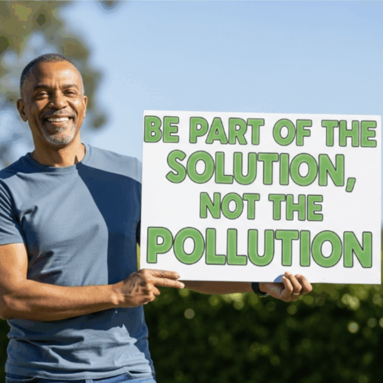 Man holding a sign with a say no to plastic slogan that reads Be Part of the Solution Not the Pollution