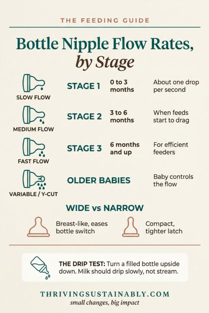Infographic comparing baby bottle nipple flow rates by stage, wide vs narrow nipple shapes, and the drip test for choosing the right flow.