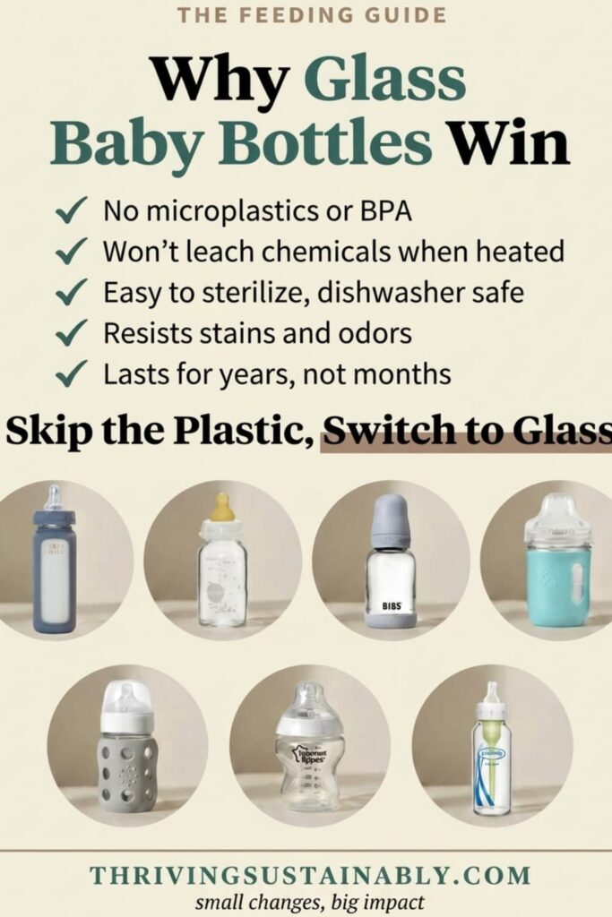 Infographic titled "Why Glass Baby Bottles Win" listing benefits of the best glass baby bottles, no microplastics, no BPA, easy to sterilize, shown with seven glass baby bottles from Thriving Sustainably.
