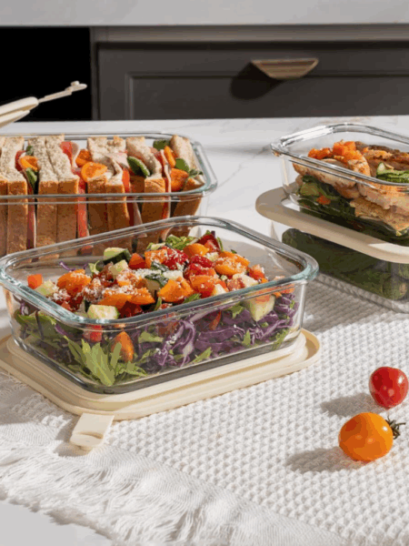 Plastic free glass food containers on a table.