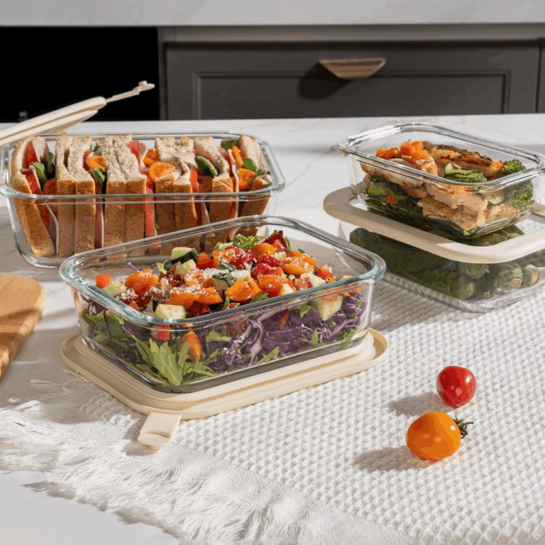 Plastic free glass food containers on a table.