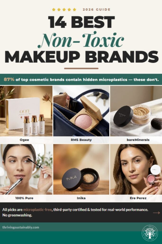 A Pinterest pin titled "14 Best Non-Toxic Makeup Brands" featuring a 6-brand photo grid including Ogee, RMS Beauty, bareMinerals, 100% Pure, Inika, and Ere Perez, with a stat that 87% of top cosmetic brands contain hidden microplastics.

