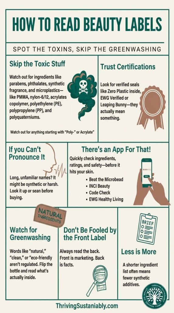 Infographic on how to read beauty product labels and spot toxic ingredients, microplastics, and greenwashing in non-toxic makeup