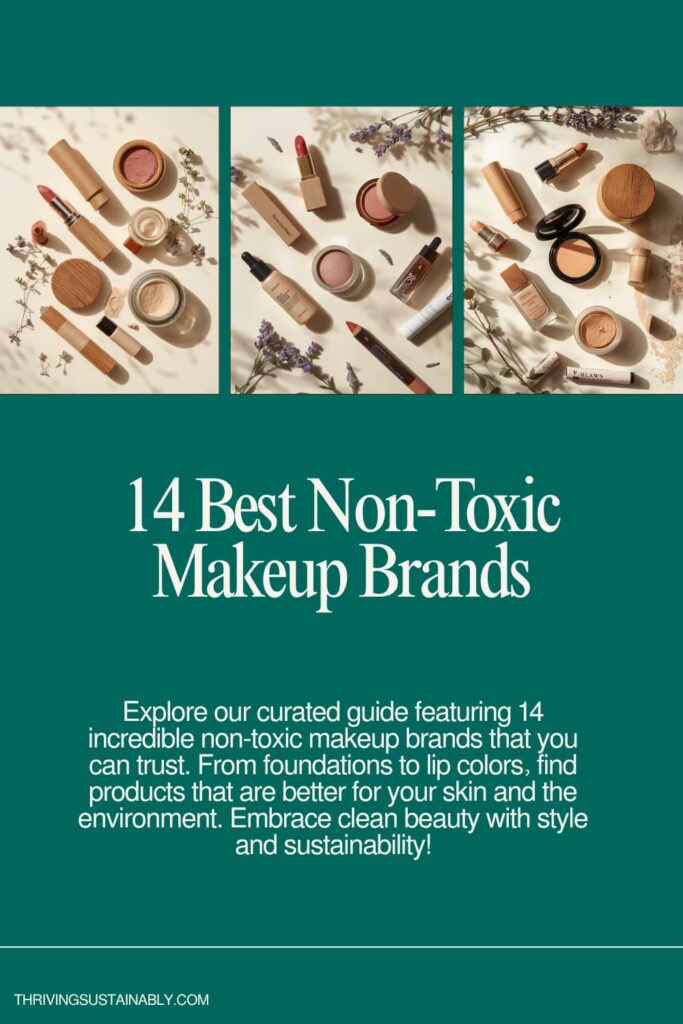 Pinterest pin showing the 15 best non-toxic, microplastic-free makeup brands of 2026 with 3 boxes at the top with makeup images