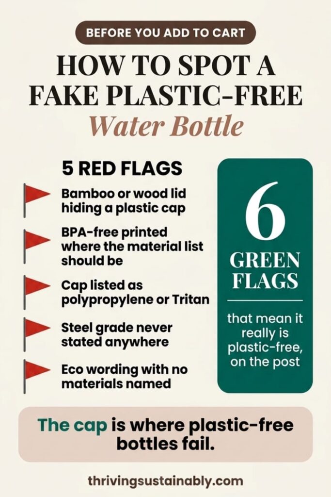 Pinterest infographic titled How to Spot a Fake Plastic-Free Water Bottle, listing 5 red flags including bamboo lids hiding plastic caps, BPA-free labels replacing material lists, polypropylene or Tritan caps, unstated steel grades, and vague eco wording, plus a callout for 6 green flags of truly plastic-free bottles.