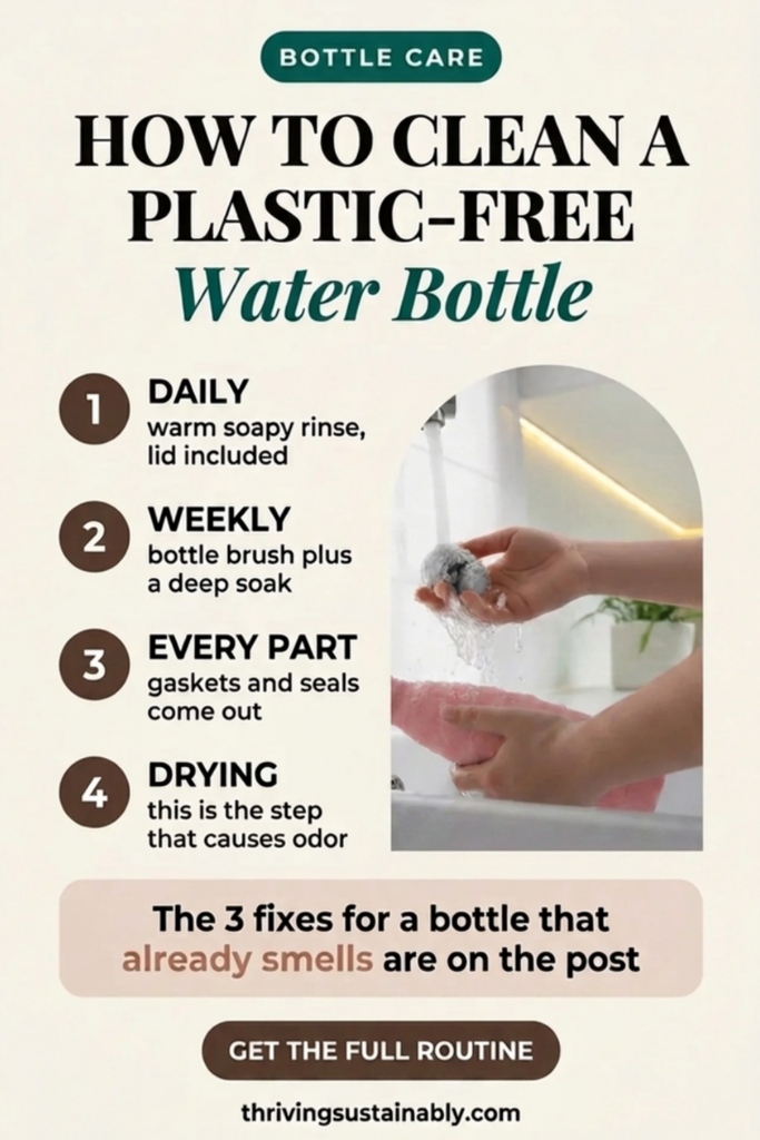 Pinterest infographic titled How to Clean a Plastic-Free Water Bottle, showing a 4-step care routine: daily warm soapy rinse, weekly bottle brush and deep soak, removing gaskets and seals, and complete drying, with a photo of hands washing a bottle at a sink.