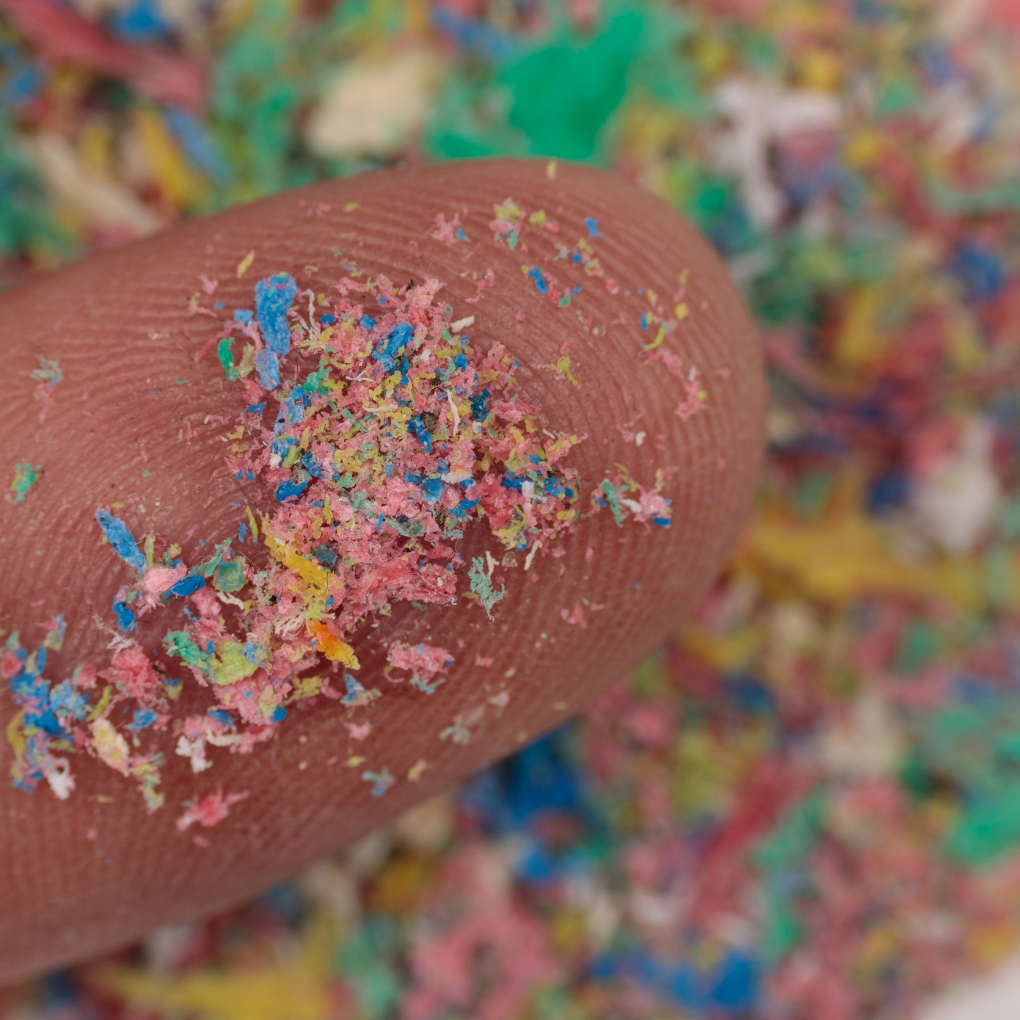 Colorful microplastics on the tip of the finger.