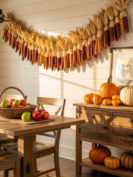 Kitchen with Thanksgiving decorations and a decorating with garland ideas that is made of corn husks on the wall.