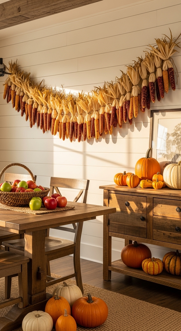 Kitchen with Thanksgiving decorations and a decorating with garland ideas that is made of corn husks on the wall.