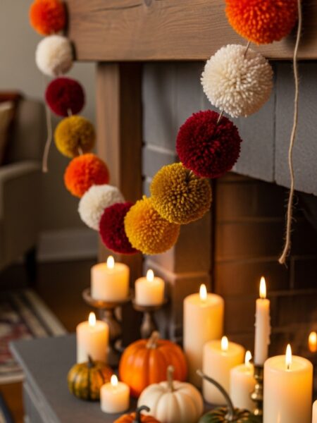 Thanksgiving garland hanging on a fireplace mantel, candles and pumpkins.