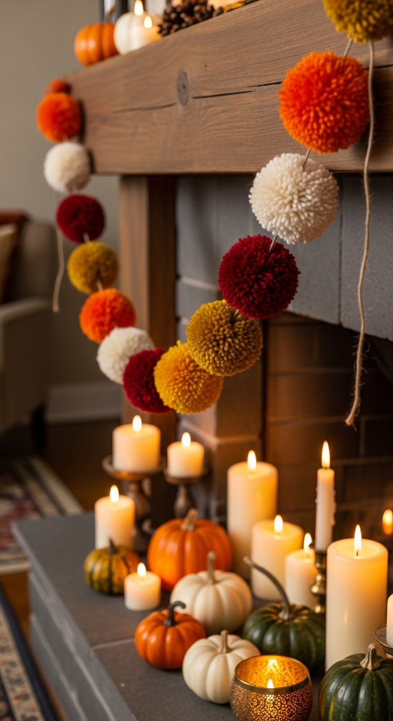 Thanksgiving garland hanging on a fireplace mantel, candles and pumpkins.