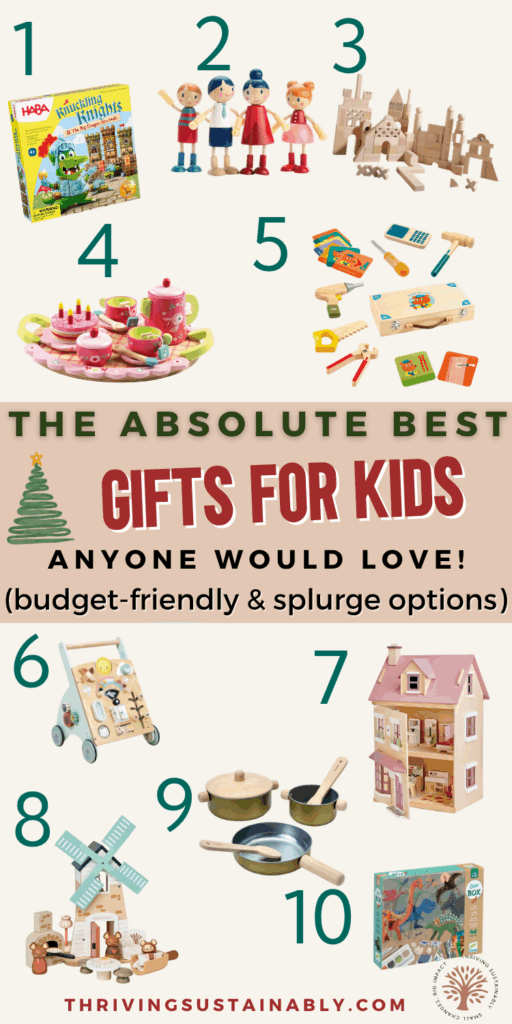 Collection of kid-friendly toys like wooden playsets and creative craft kits, showcasing thoughtful last-minute Christmas gift ideas for children.