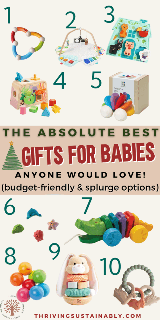 Flat lay of curated baby gifts including wooden toys and soft sensory items, promoting safe, non-plastic last-minute Christmas gift ideas for babies.