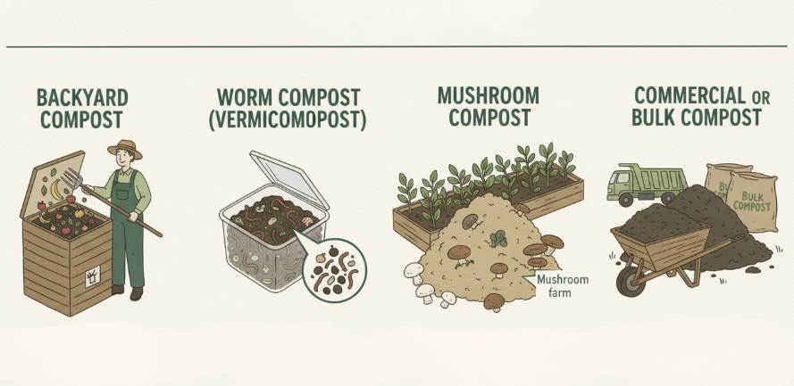 Illustration showing four types of garden compost: backyard compost in a wooden bin with a gardener adding scraps, worm compost in a clear bin with red wigglers, mushroom compost in a raised bed with mushrooms, and commercial or bulk compost delivered by a truck and wheelbarrow.