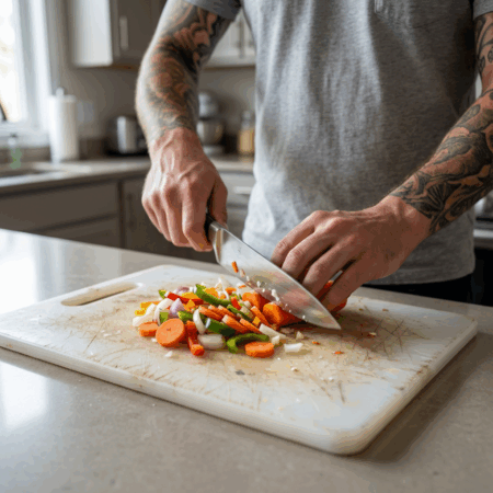 Man in kitchen chopping food on a plastic cutting board.