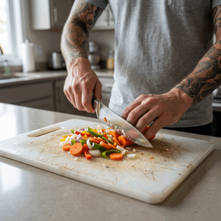 Man in kitchen chopping food on a plastic cutting board.