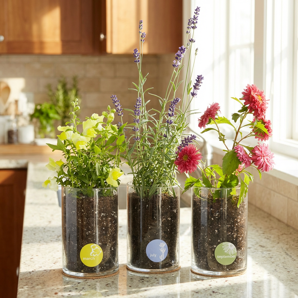 Birth month flower grow kit with a flowering plant growing in a glass bottle topped with a cork lid, displayed as a decorative indoor garden gift.