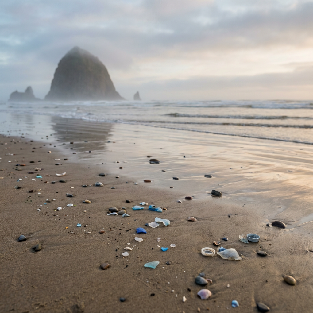 Cannon Beach, Oregon beach with plastic pieces on the sand. 