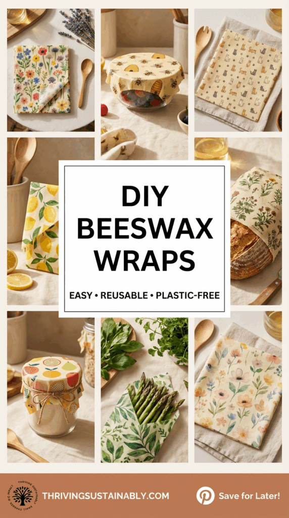 8 images of DIY beeswax paper and a white box in the middle stating DIY Beeswax Wraps and is a PInterest Pin.