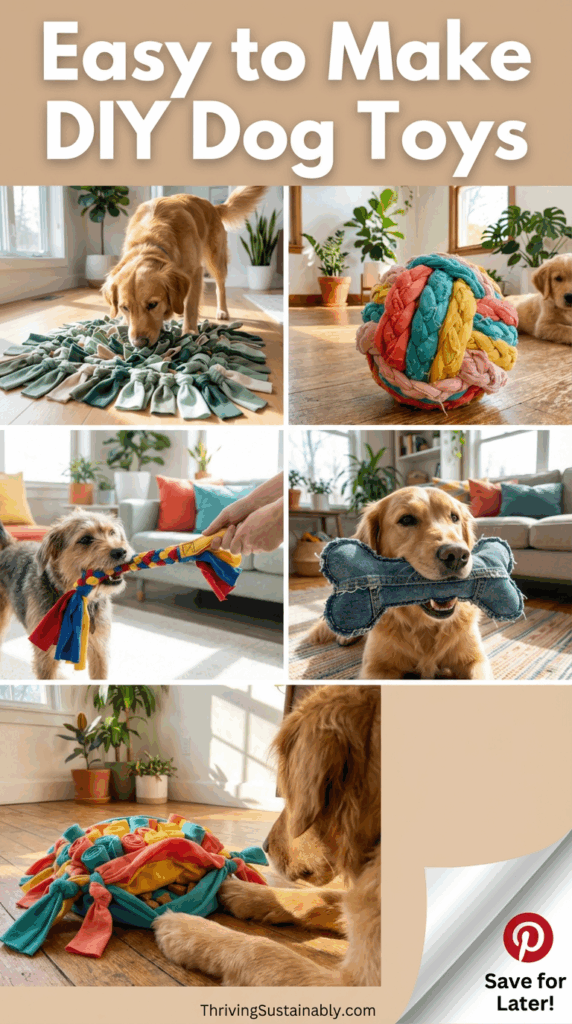 Collage showing easy DIY dog toys made from fabric and denim, including a snuffle mat, braided tug toy, colorful fabric ball, and a sewn denim bone, with dogs actively playing indoors.